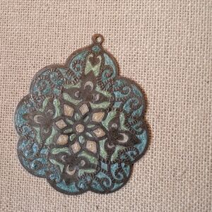 Antique-Style Floral Filigree Pendant in Teal, Green, Brown #56